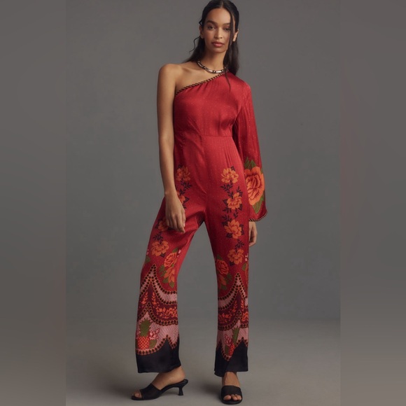 Anthropologie x Farm Rio One-Shoulder Printed Satin Rose Jumpsuit